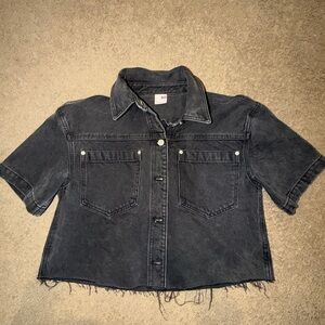 Boxy Black Washed Denim Cropped Short Sleeve Jacket